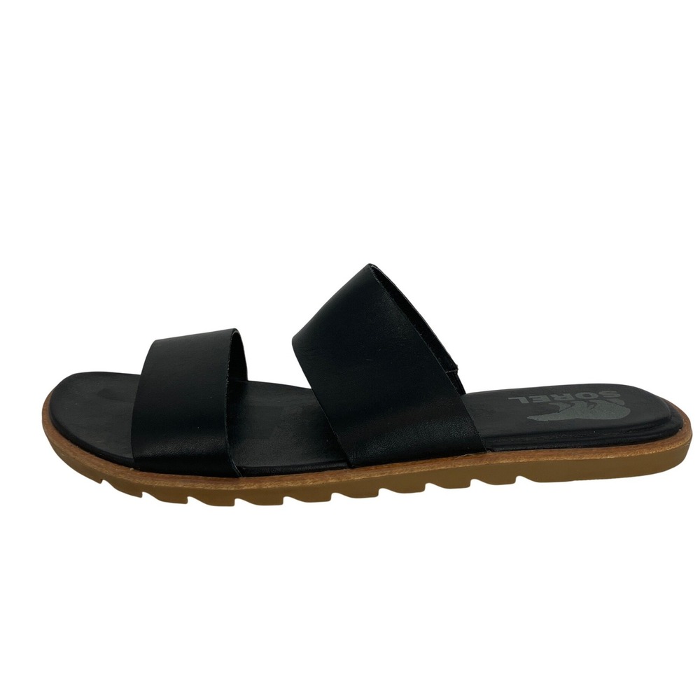 Sorel Ella II Slide Sandals Womens 9 Black Excellent Leather Two Strap Flat